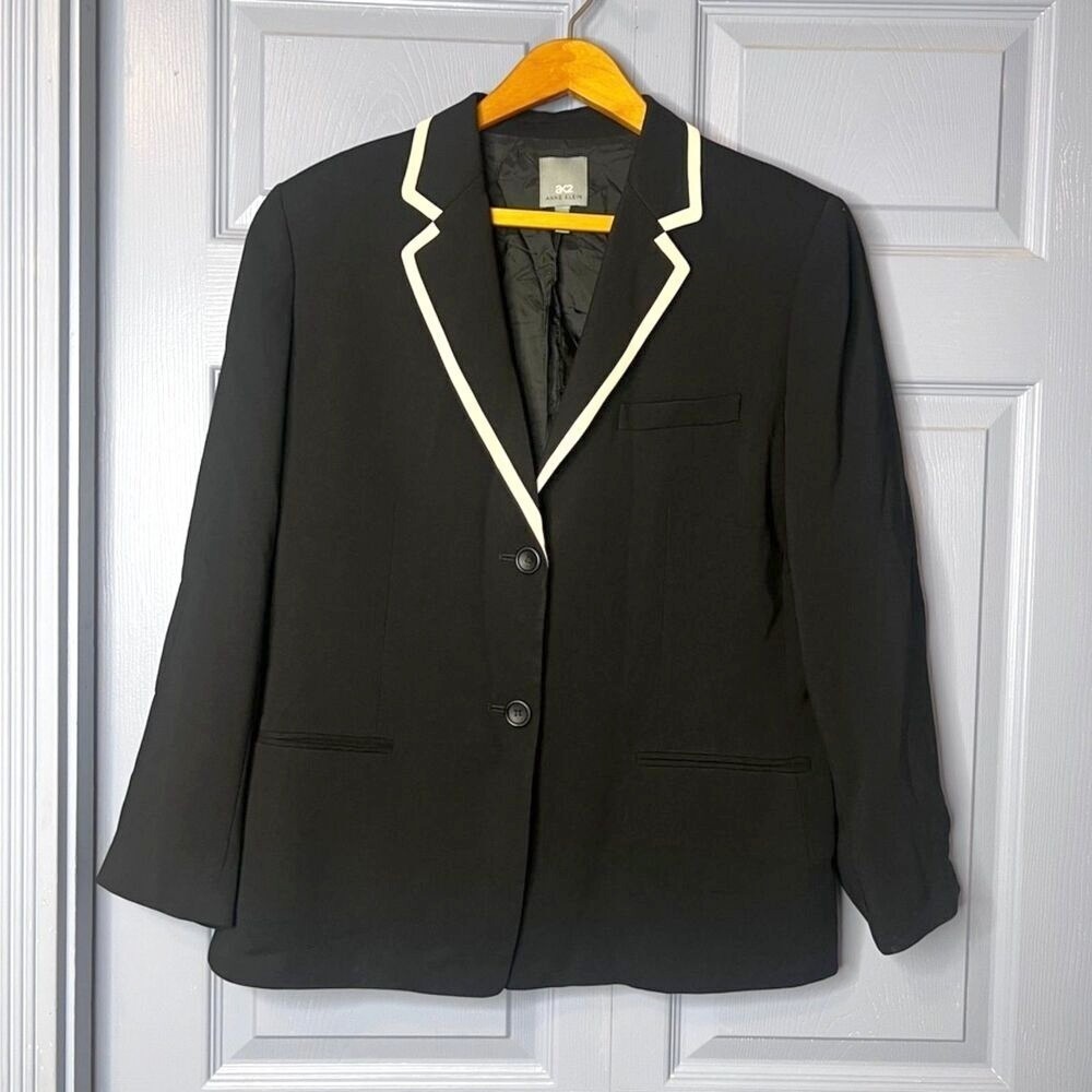 Anne Klein AK2 Black with White Trim Single Breasted 2 Button Blazer Size 14